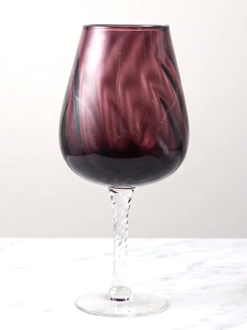 Vintage Hand Blown Amethyst Purple Glass Goblet Clear Twisted Stem 10 Inch Decor